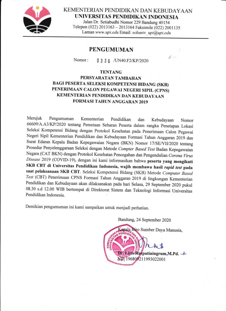 PENGUMUMAN : Nomor: 033 6 /UN4O.F2/KP/2020 TENTANG PERSYARATAN TAMBAHAN BAGI PESERTA SELEKSI KOMPETENSI BIDANG (SKB) PENERIMAAN CALON PEGAWAI NEGERI SIPIL (CPNS) KEMENTERIAN PENDIDIKAN DAN KEBUDAYAAN FORMASI TAHUN ANGGARAN 2019