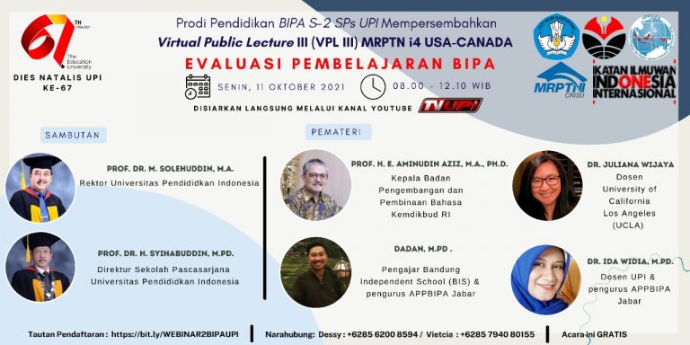 Program Magister Pendidikan BIPA SPs UPI Gelar Virtual Public Lecture III MRPTN i4 USA-Kanada Bertajuk “Evaluasi Pembelajaran BIPA”