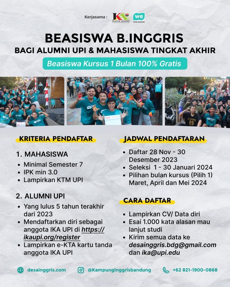 Desa Inggris Sediakan Beasiswa Kursus Bahasa Inggris Gratis Bagi Mahasiswa dan Alumni UPI